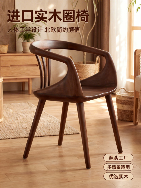 [主图 1] 进口实木休闲椅空间场景首图
[主图主题] 北欧进口实木圈椅，源头工厂直供
[氛围/风格] 原木风北欧家居，温馨暖调自然光，午后慵懒光斑，现代简约
[画面元素] 和参考图一致款式的深胡桃木预览效果