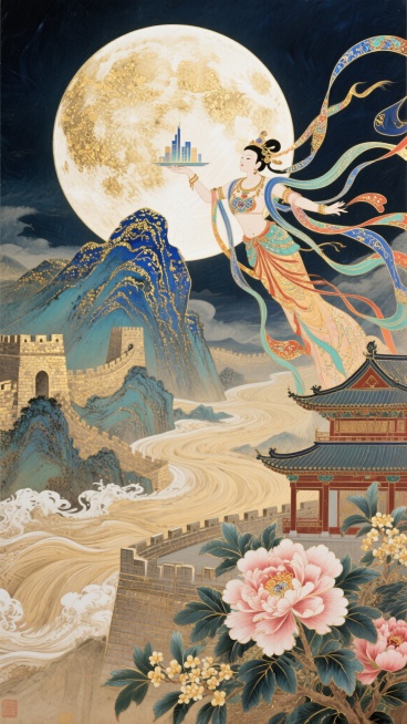 一轮巨大的皎洁明月悬浮于丝绸质感的夜空中，明月内部呈现细腻的景泰蓝掐丝工艺纹理，蓝金色丝线勾勒出山河轮廓。明月之下，蜿蜒的敦煌飞天身披彩绸，手托现代都市光影，与古典亭台楼阁交织。背景是层层晕染的水印木预览效果