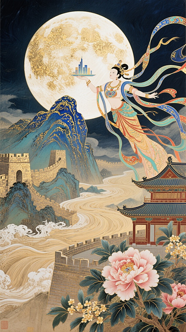 整体色调以中国红、帝王金、靛蓝为主，充满史诗感与梦幻氛围，超现实主义构图