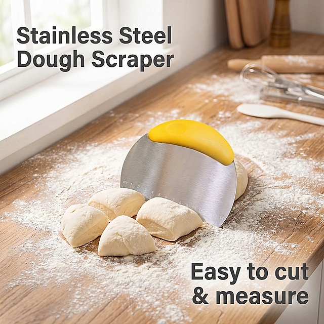 Main theme: stainless steel dough scraper in kitchen baking scene. Atmosphere: bright clean modern kitchen style. Elements: the product with yellow handle and stainless steel blade is placed on a floured wooden countertop, next to cut dough pieces, natural soft light coming in from the window, the product is the visual focus, background full screen without border. Color scheme: warm wood color, creamy white flour, product's yellow handle is the highlight. Composition: overhead flat lay, moderate depth of field. Text layout: main slogan at the top left "Stainless Steel Dough Scraper", text "Easy to cut & measure" at the bottom right, font is sans-serif, dark gray, text is suspended, does not block the product. All text uses English.