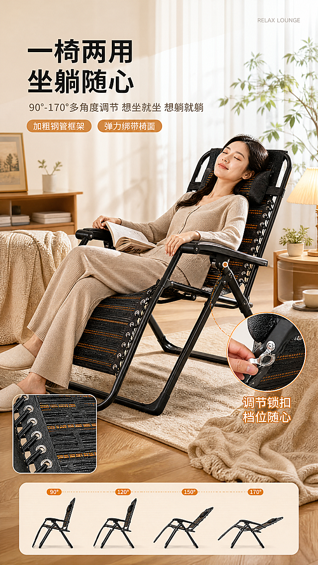 [商品] 使用【图1】【图6】作为休闲躺椅主体参考，【图5】作为扶手调节锁扣细节参考，【图2】作为椅面弹力绑带编织纹理参考（其余参考图仅作结构参考，不得改变产品结构）。严格保留：黑色编织椅面+横向橙色条纹、左右两侧弹力绳连接金属气眼绑带、加粗黑色烤漆钢管框架、X型交叉支撑与防滑脚垫、黑色扶手与圆润金属调节锁扣、可拆头枕、椅背置物袋、椅面比例与整体轮廓；不得改变颜色、材质、构件数量与位置，不得虚构部件。
[画面] 目标：首屏吸引＋产品全貌＋居家氛围＋多角度调节与细节证明。构图：窗光充足的居家客厅一角满铺场景，一位约30岁的亚裔女性模特身穿米色针织居家服，自然放松地半靠在椅子上（约120°半躺），闭眼舒展、一手搭扶手一手持书，表情惬意享受，位于画面中部偏右；产品清晰完整占画面约65%，透视准确；右下角叠加一枚圆形画中画小图（细线引线指向扶手调节锁扣，展示档位调节动作），左下角叠加一枚方形画中画（椅面弹力绑带编织纹理微距）；前景木地板与针织毛毯，中景模特与椅子，后景柔化的落地窗纱帘、绿植、边几与暖色台灯，至少3层软装。阅读动线由左上标题区向右下产品延伸，避免俯拍与透视畸变。
[视觉] 套系策略：风格=国内高端家居实拍质感·暖调午后居家风；标题字=思源黑体加粗；正文字=细黑体；主色=暖米杏#E8DCC8；背景延展=基于暖米杏做深浅层级、暖木纹与亚麻布纹肌理与同色渐变；强调色=琥珀橙#D98A2B，仅用于小面积图标、引线、标签与编号胶囊；标题色=深墨黑#1E1B18；正文色=暖灰#6E6255；组件=圆角米色信息卡+细线引线+编号胶囊+虚线尺寸标注；光影=右侧窗光暖调柔光，落地投影自然。
[文字] 全部文字横向排版。左上留白区放主标题“一椅两用 坐躺随心”（大字，深墨黑），下方副标题“90°-170°多角度调节 想坐就坐 想躺就躺”（中号，暖灰）；主标题下方两枚胶囊标签“加粗钢管框架”“弹力绑带椅面”；右上角小号英文角标“RELAX LOUNGE”；画中画旁标注“调节锁扣 档位随心”。文字不得遮挡模特面部与椅子主体，禁止竖排、旋转排、斜排文字；禁止出现“主标题”“副标题”“卖点”等说明词；禁止极限词与价格信息。
[规格] 图片比例9:16竖版，4K分辨率，避免变形、错字、文字过小、像素化、产品颜色改变、结构缺失、手指畸形、冷蓝冷灰成为主色、水印与平台角标。