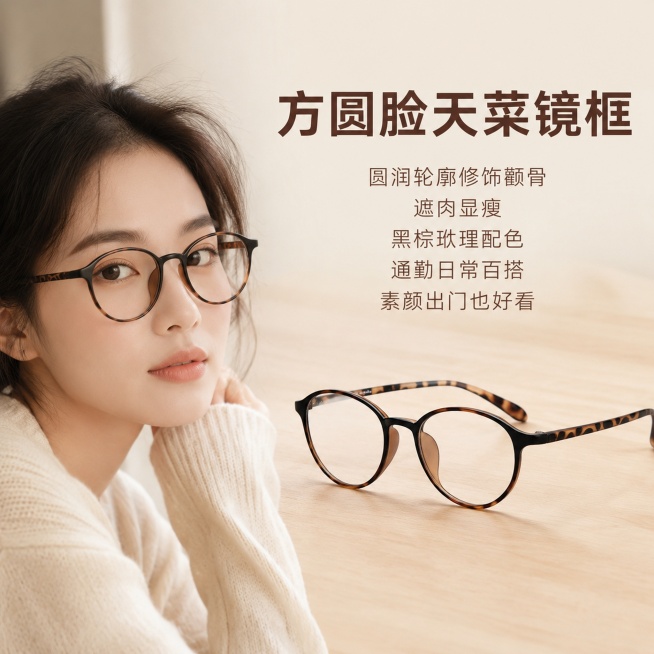 [主图-3] 方圆脸适配眼镜颜值卖点主图。氛围风格为生活化场景氛围感，突出修饰脸型效果。画质要求商业摄影质感、光线柔和通透、产品清晰真实、画面干净高级。画面中，日系复古玳瑁圆框眼镜主体展示在画面右侧，预览效果