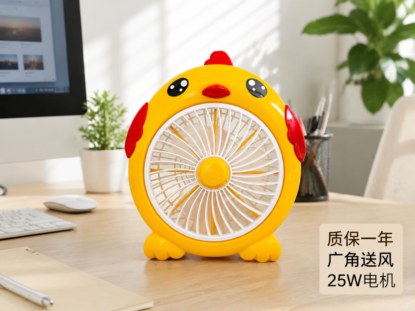 将背景替换为现代简约办公桌场景，风扇本体严格保持原图不变，完整… - 图片创意预览