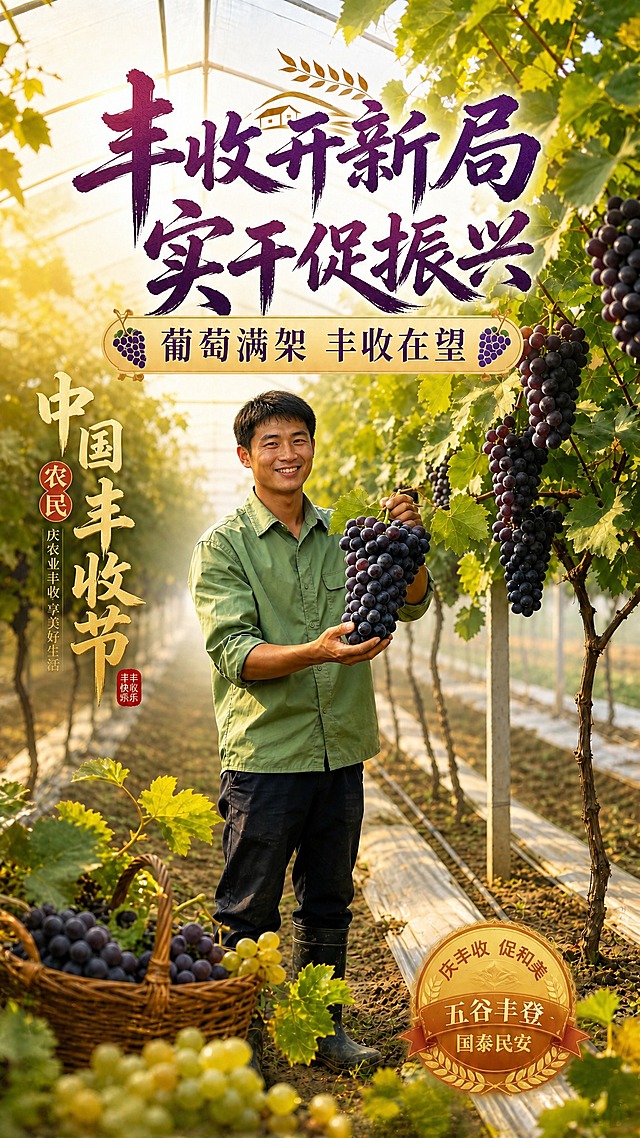 修改这张葡萄丰收海报：1. 将主标题文字替换为"丰收开新局 实干促振兴"，深紫色渐变书法大字体，保持顶部居中位置；2. 去掉青年男子头上的帽子，保留自然的黑色短发发型，头部和面部其他特征保持不变；3. 副标题调整为"葡萄满架 丰收在望"；4. 保留"中国农民丰收节"标签；5. 大棚葡萄场景和翠绿暖金色调不变。画面中所有文字精确渲染，无空白占位。