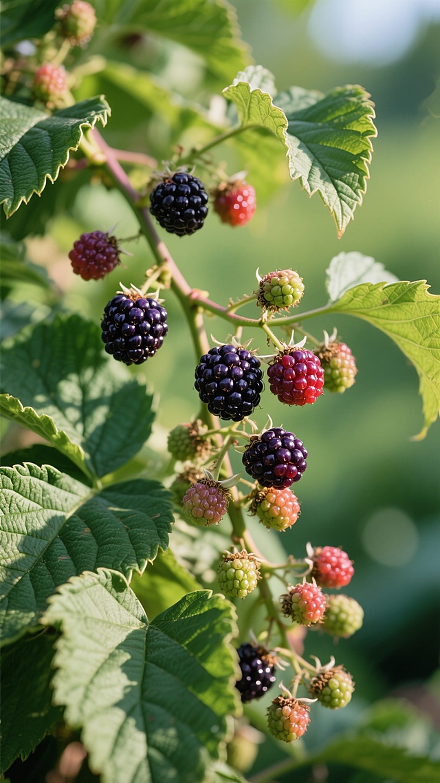 写实风格摄影，阳光下的黑莓藤特写，藤蔓上挂满不同成熟度的黑莓果实，从深紫色、红色到绿色渐变，果实饱满有光泽，表面颗粒清晰可见，周围是茂密的绿色锯齿状叶片，叶片有明显的叶脉和光影斑驳效果，背景虚化呈现自然绿色调，整体氛围清新自然，光线明亮柔和，展现植物的生机与果实的质感，色彩真实还原，细节丰富，构图饱满，突出主体果实的层次感和立体感。
