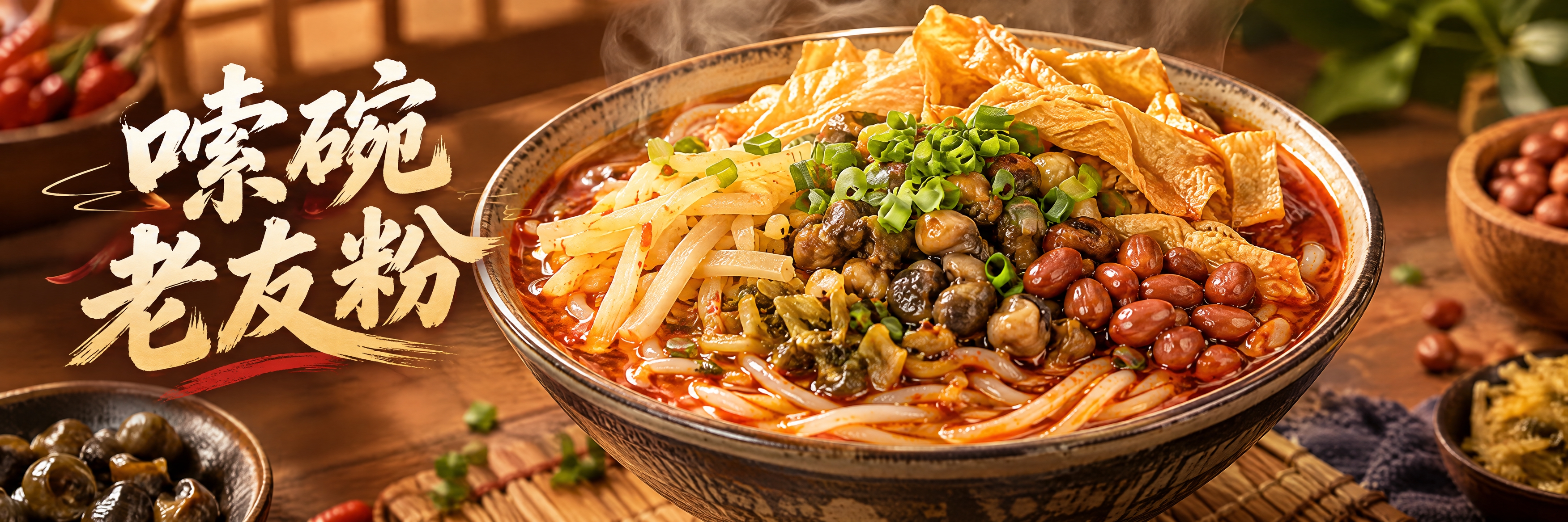 螺蛳粉美食海报，横版长图，一碗诱人的螺蛳粉居中特写，红亮汤汁、… - 图片创意预览