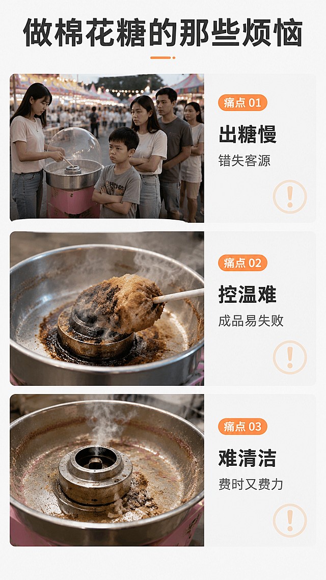 [第2屏] 痛点直击-传统棉花糖制作困扰。本屏无需产品图。
[氛围/风格] 写实生活场景风，对比清晰，问题突出。
[元素布局] 画面分三行展示三个痛点，每个痛点配小场景示意图：第一行「出糖慢」配排队客人焦急等待场景；第二行「控温难」配棉花糖焦糊失败图；第三行「不易清洁」配图脏兮兮残留糖渍的机器；文字区在示意图右侧，清晰对应每个痛点。
[光影质感] 均匀柔光，每个场景清晰可见，文字区域干净明亮。
[配色色系] 全局底色 #F5F5F5；主色深灰文字，浅橘色痛点标签；辅助色浅灰背景。
[视角构图] 上下排列分栏，阅读动线从上到下，清晰直观。
[文字版式] 顶部大标题「做棉花糖的那些烦恼」，下面三个痛点短句：「出糖慢 错失客源」「控温难 成品易失败」「难清洁 费时又费力」，每个痛点配浅色感叹号图标；文字清晰层级分明。
[比例分辨率] 9:16竖版比例，4K分辨率，文字清晰可辨，高清画质。
[负向提示词] 水印，文字错乱，文字过小，场景模糊，画面杂乱，颜色过度饱和。