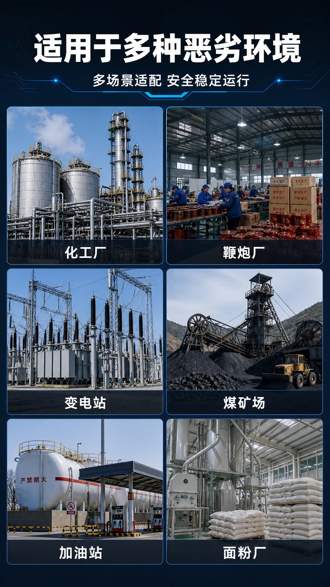 防爆摄像机适用场景详情页，竖版9:16比例，工业科技风格，深色… - 图片创意预览