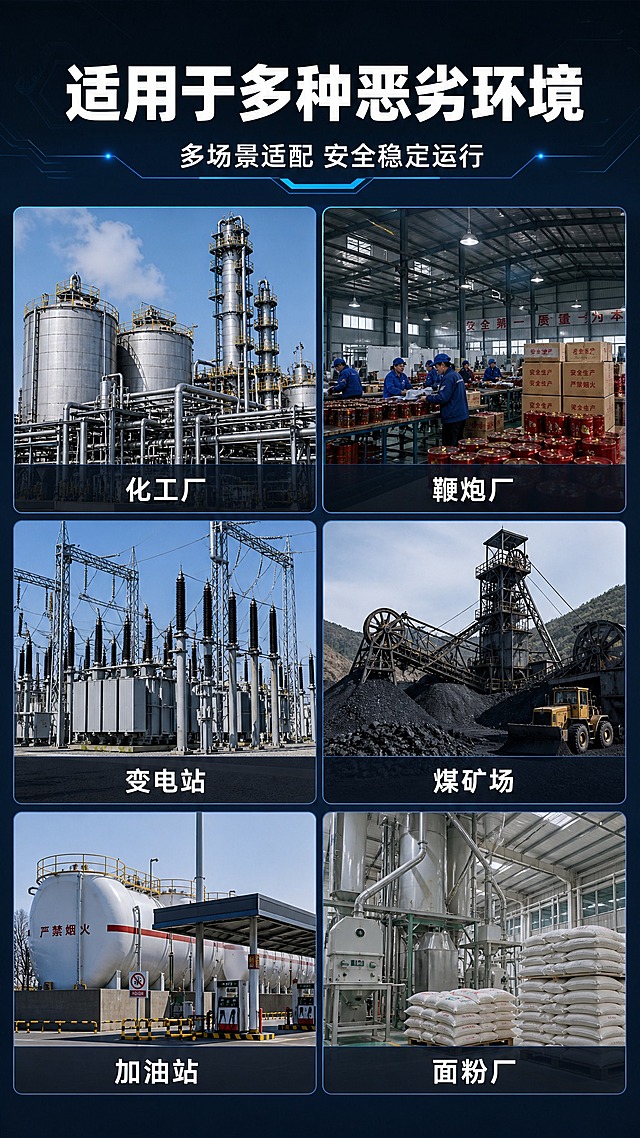 防爆摄像机适用场景详情页，竖版9:16比例，工业科技风格，深色背景，简洁专业。

顶部大标题白色粗体大字"适用于多种恶劣环境"，居中排列，下方配小字副标题"多场景适配 安全稳定运行"。

主体采用图片加文字标注的宫格布局形式，2列3行共6个场景模块，每个模块上方是对应场景的真实工业实景图，下方是白色场景名称标注：
1. 化工厂：大型化工储罐、管道塔器实景
2. 鞭炮厂：烟花爆竹生产厂房仓库实景
3. 变电站：高压电力设备、变压器实景
4. 煤矿场：矿井井口、煤矿开采设备实景
5. 加油站：加油罐区、加油设备实景
6. 面粉厂：面粉生产车间、仓储实景

每个场景图配半透明深色底栏，白色文字标注场景名称，清晰可读。

整体深灰蓝渐变背景，科技蓝点缀，冷调工业风，光影硬朗，信息层级分明，排版整齐统一，手机端文字清晰可读。