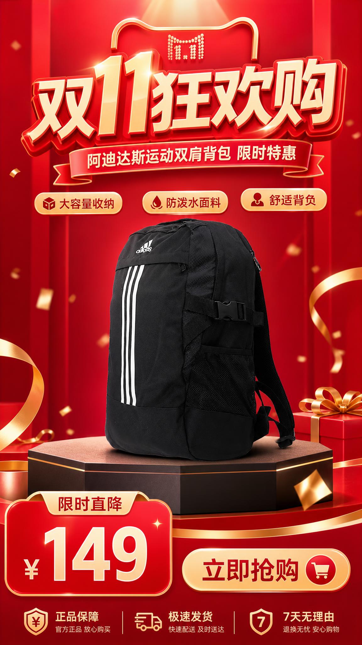 双十一促销竖版海报，写实商业摄影风格，大促红金配色，高饱和度红… - 图片创意预览