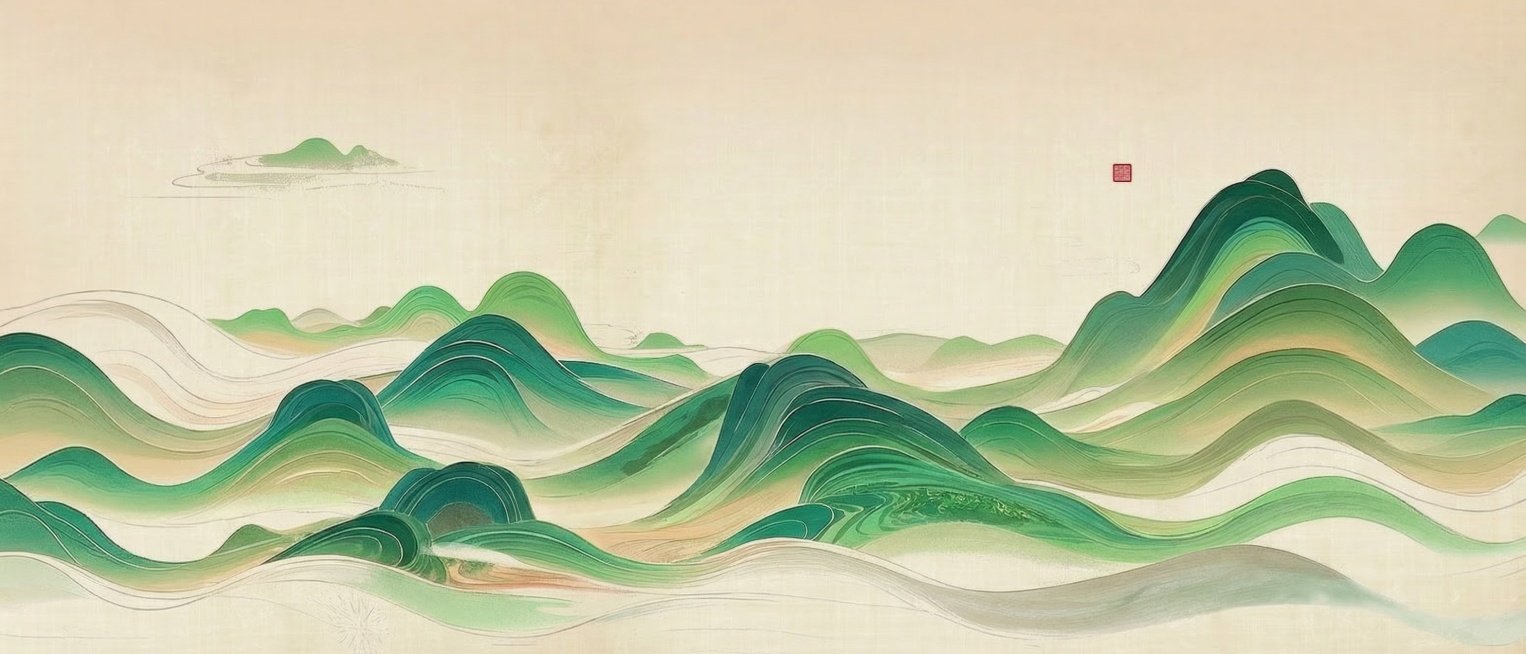 去掉图片中的所有亭子建筑和人物，只保留青绿渐变的流线型山水和米黄色背景，保留右上角的红色印章，保持原图的国风水墨画风格，保持所有山水和背景不变，对整体图片进行高清化处理预览效果