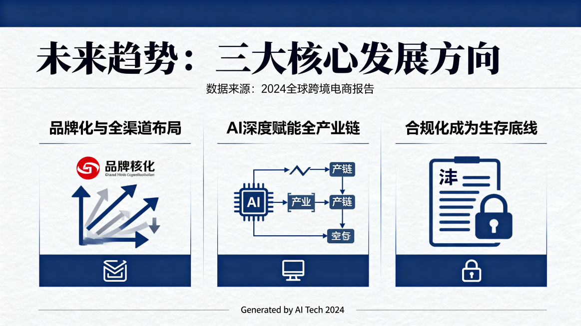 生成跨境电商未来趋势PPT内页，标题为“未来趋势：三大核心发展方向”，包含三个要点：1.品牌化与全渠道布局 2.AI深度赋能全产业链 3.合规化成为生存底线，商务科技风格，排版清晰预览效果