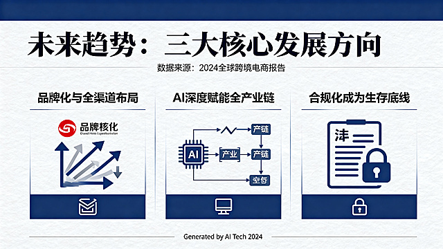 生成跨境电商未来趋势PPT内页，标题为“未来趋势：三大核心发展方向”，包含三个要点：1.品牌化与全渠道布局 2.AI深度赋能全产业链 3.合规化成为生存底线，商务科技风格，排版清晰