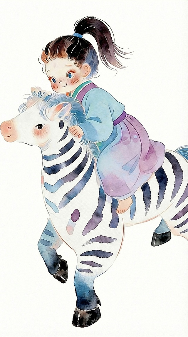 小孩骑小马 水彩质感 斑马