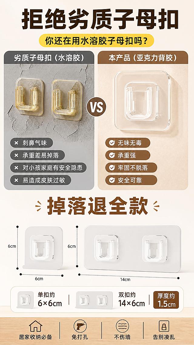 [商品] 使用【图5】拒绝劣质子母扣参考图、【图2】尺寸参考图及【图1】子母扣产品；保留透明亚克力底座、U型卡扣、单扣双扣规格与真实外形；商品处理：保留产品结构、颜色、材质，增强对比视觉冲击力，不改变产品外形。
[画面] 目标为品质对比+促单收尾页，上半部分左右分栏品质对比，下半部分促单+尺寸信息；上半部分左侧"劣质子母扣（水溶胶）"：偏灰暗调，展示发黄发脆的劣质卡扣产品，周围分布痛点标签；右侧"本产品（亚克力背胶）"：暖亮调，展示通透精致的本产品，周围分布优势标签；下半部分居中展示单扣+双扣产品全家福，底部尺寸标注与促单文案。
[视觉] 套系策略：风格=简约家居风商业摄影；标题字=粗黑体无衬线；正文字=简洁无衬线黑体；主色=暖米白+浅木色；背景延展=上半部分左栏冷灰底、右栏暖米白底，下半部分统一暖白渐变+浅木色底部条；强调色=暖棕咖色用于正面标签与促单大字、深灰用于负面标签；标题色=深棕咖；正文色=中暖灰；组件=圆角对比卡片、标签气泡、尺寸标注线、底部信息条；光影=右侧暖柔光通透感，左侧偏冷灰调，下半部分均匀暖光。
[文字] 顶部大标题"拒绝劣质子母扣"，下方黄色高亮条"你还在用水溶胶子母扣吗？"；左栏标题"劣质子母扣（水溶胶）"，配4个灰色标签："刺鼻气味""承重差易掉落""对小孩家庭有安全隐患""易造成皮肤过敏"；右栏标题"本产品（亚克力背胶）"，配4个暖棕咖色标签："无味无毒""承重强""牢固不脱落""安全可靠"；下半部分居中大字"掉落退全款"暖棕咖高亮，下方产品全家福，底部尺寸信息："单扣约6×6cm｜双扣约14×6cm 厚度约1.5cm"，最底部一行"居家收纳必备｜免打孔｜不伤墙｜告别凌乱"；所有文字横排，促单大字醒目。
[规格] 图片比例9:16竖版，4K分辨率，负向提示：避免变形、错字、文字过小、产品结构失真、医疗化表述、绝对化用语、平台Logo、水印、二维码。