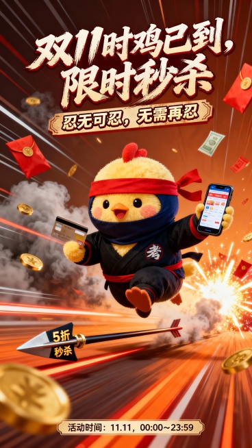 一只毛绒绒胖乎乎的小鸡，化身忍者造型，身穿黑色或深蓝忍者服，系红色头带，手持手机或信用卡，手机屏幕上显示网购页面，表情专注而兴奋，正在高速冲刺或跃起，画面充满动感和节奏感，背景带有速度线、烟雾、飞舞的预览效果