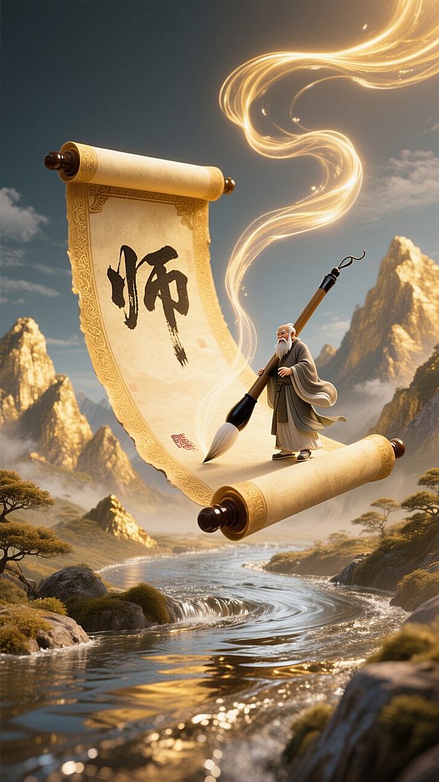 磅礴金黄的山脉间：一个以动态感强的巨型且精致的卷轴展开漂浮在空中，一个微缩老夫子（站在卷轴上）拿着巨型毛笔写“师”，动态的流光线条延伸至空中；金属质感的河水流经群山。整体暖黄色调、明亮氛围。
