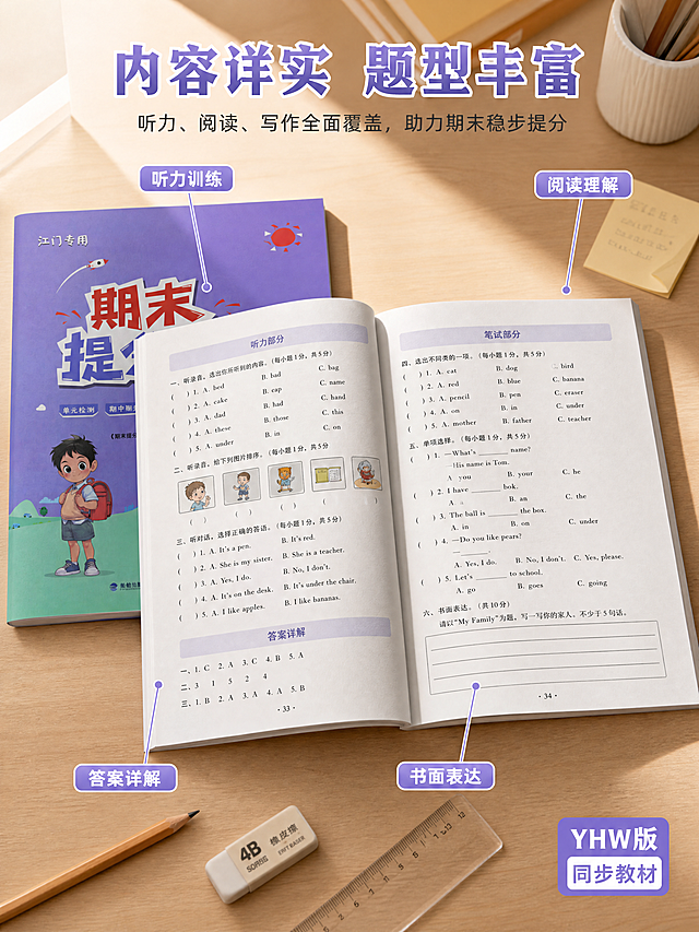 [第3张] 产品细节页-期末提分卷内页内容展示。本张使用【图2】中紫色期末提分卷作为产品主体。
[氛围/风格] 真实学习场景感，柔和自然光，书页翻开细节清晰，商业摄影质感。
[元素布局] 书本翻开置于画面中央，占比约60%，展示内页英语试题排版，可见听力、阅读、写作等题型栏目；周围散落铅笔、橡皮、直尺等文具；背景为浅木色书桌，有轻微虚化；保持书本外观、封面颜色与输入图一致。
[光影质感] 左上方45度柔光，书页有自然明暗层次，纸张质感真实，字迹印刷清晰。
[配色色系] 全局底色暖木色+米白#FFF8E1；主色紫色#7C4DFF、蓝色#2196F3；辅助色木色、白色、黑色文字。
[视角构图] 45度俯视，翻开的书本为中心，阅读动线从书页内容 → 四周标注说明。
[文字版式] 顶部主标题「内容详实 题型丰富」；书页四周用引线标注四个亮点：「听力训练」「阅读理解」「书面表达」「答案详解」；右下角小标签「YHW版 同步教材」；文字不遮挡书页主要内容。
[比例分辨率] 3:4竖版比例，4K分辨率，文字清晰可辨，高清画质。
[负向提示词] 书本变形，内页文字错乱模糊，颜色偏差，水印，文具摆放杂乱，光影不自然。