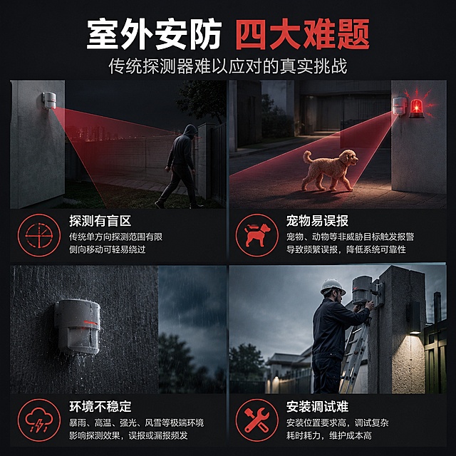 [第2屏] 室外安防常见挑战场景说明。本屏无需产品图，为纯场景说明屏。
[氛围/风格] 写实场景风，偏暗色调，问题感突出，引发用户共鸣，商业摄影质感。
[元素布局] 画面分为2x2四个场景区块：左上为传统单方向探测器存在探测盲区示意图（人物从侧面绕过探测区域）；右上为宠物经过探测区域引发误报（小狗穿过探测区报警灯闪烁）；左下为极端天气下探测受影响（暴雨/高温环境设备工作状态示意）；右下为安装调试复杂（工人反复爬梯子调试设备）。每个场景配对应图标与简短描述。
[光影质感] 偏暗写实光影，每个场景独立光源，整体统一冷灰调，突出问题感。
[配色色系] 全局底色深灰#2C2C2C；主色警示红#D9534F；辅助色深灰、白色文字。
[视角构图] 四宫格布局，阅读动线从上到下、从左到右。
[文字版式] 顶部大标题「室外安防 四大难题」，副标题「传统探测器难以应对的真实挑战」；四个宫格各配标题：「探测有盲区」「宠物易误报」「环境不稳定」「安装调试难」，每格下方1-2行小字说明；文字清晰可读，移动端友好。
[比例分辨率] 1:1方图比例，1440x1440，4K分辨率，文字清晰可辨，高清画质。
[负向提示词] 产品图出现，水印，文字错乱，文字过小，画面杂乱，颜色偏差。