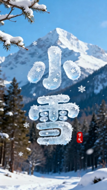 画面中央是冰霜圆润可爱字体形成“小雪” 二字，字体上可以有小小的雪花元素点缀。背景是冬日的雪山和树木森林，画面中有白雪冬日的树枝。立冬字旁红色小印章”节气“点缀，整体画面色彩明亮预览效果