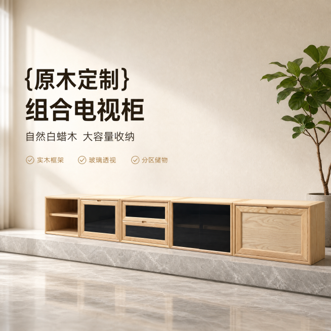 [单张主图] 白蜡木实木组合电视柜，高级氛围感主图，展示原木风家具在真实家居场景中的质感。
[画面主体] 保持原产品的外观、物理结构、材质纹理、颜色与输入产品图绝对一致，杜绝任何变形和色差，精细化处理预览效果