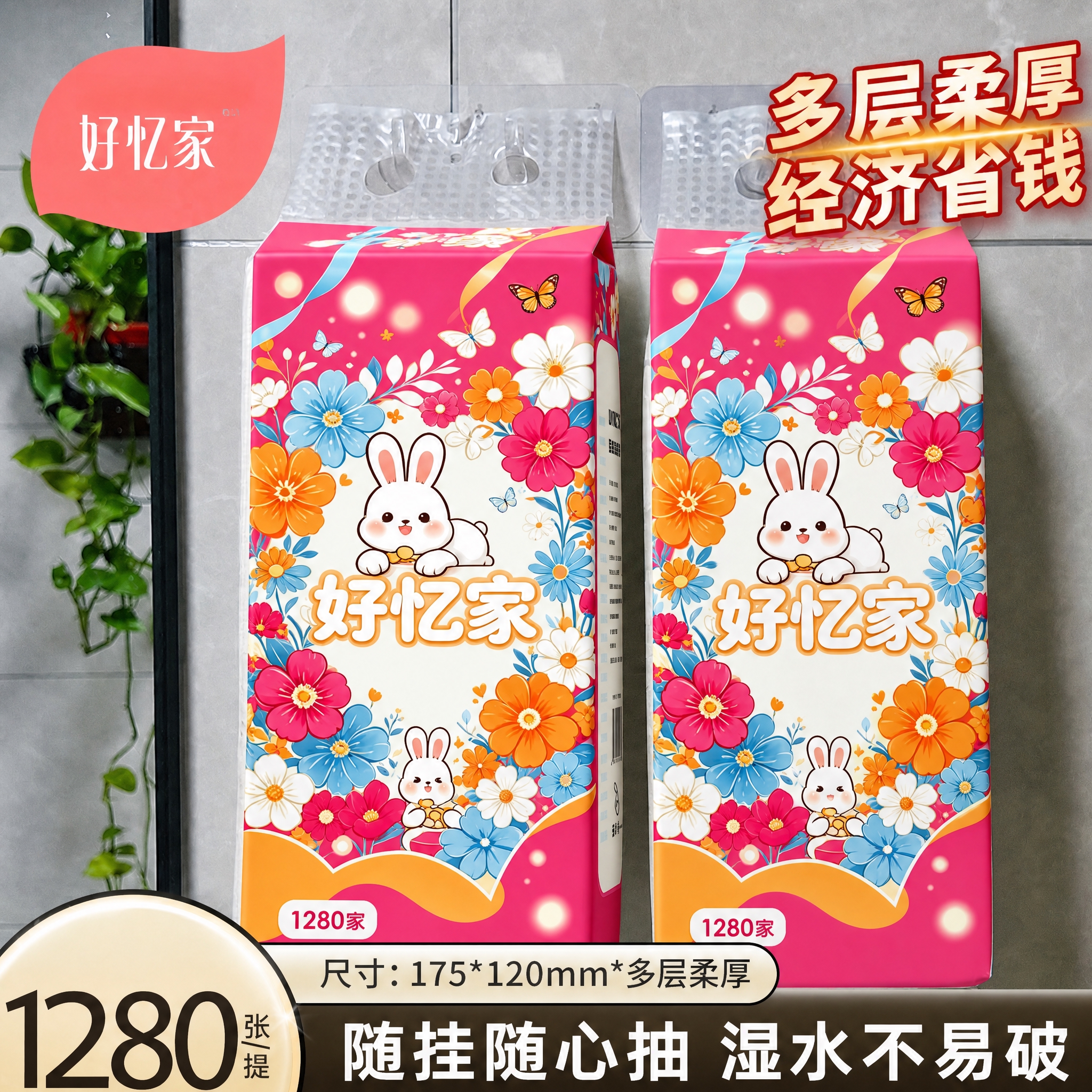 将图中悬挂的两包粉色樱花抽纸外包装图案，完全替换为第一张白底图… - 图片创意预览