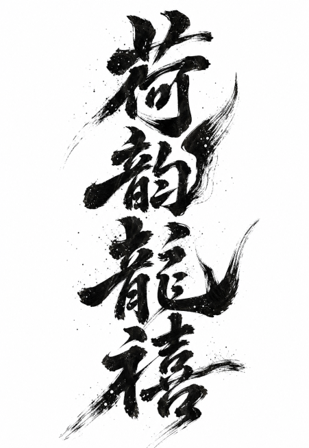 参考参考图片的毛笔书法风格，生成书法作品“荷韵龙禧”，字体风格更夸张苍劲，带有飞白颗粒感和毛笔飞墨笔触，白底黑字，保持竖排版预览效果