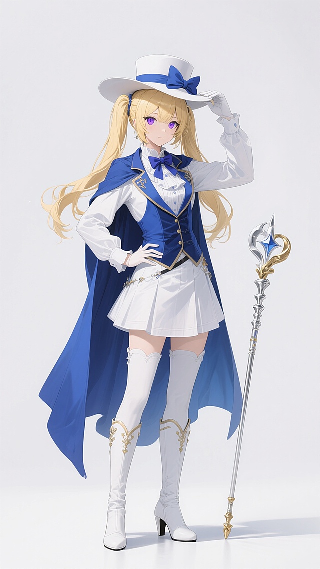 二次元动漫风格立绘，金发双马尾，紫色眼眸，戴着白色宽檐帽并装饰蓝色蝴蝶结，身穿蓝白相间的欧式贵族风格服饰，包括白色衬衫、蓝色马甲、白色短裙、蓝色披风，手持银色与金色相间的魔法杖，脚踩白色高跟长靴，整体造型精致华丽，细节丰富，色彩以蓝白为主色调，光影柔和，保持白色背景，角色变换为单手叉腰、另一只手轻扶帽檐的站姿，姿态优雅自信，保留所有角色特征和服饰细节，画面构图饱满，边缘清晰。