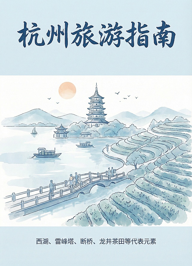 将画面中的圆形区域改为长方形，完整呈现西湖、雷峰塔等元素，保留原配色与手写风标题