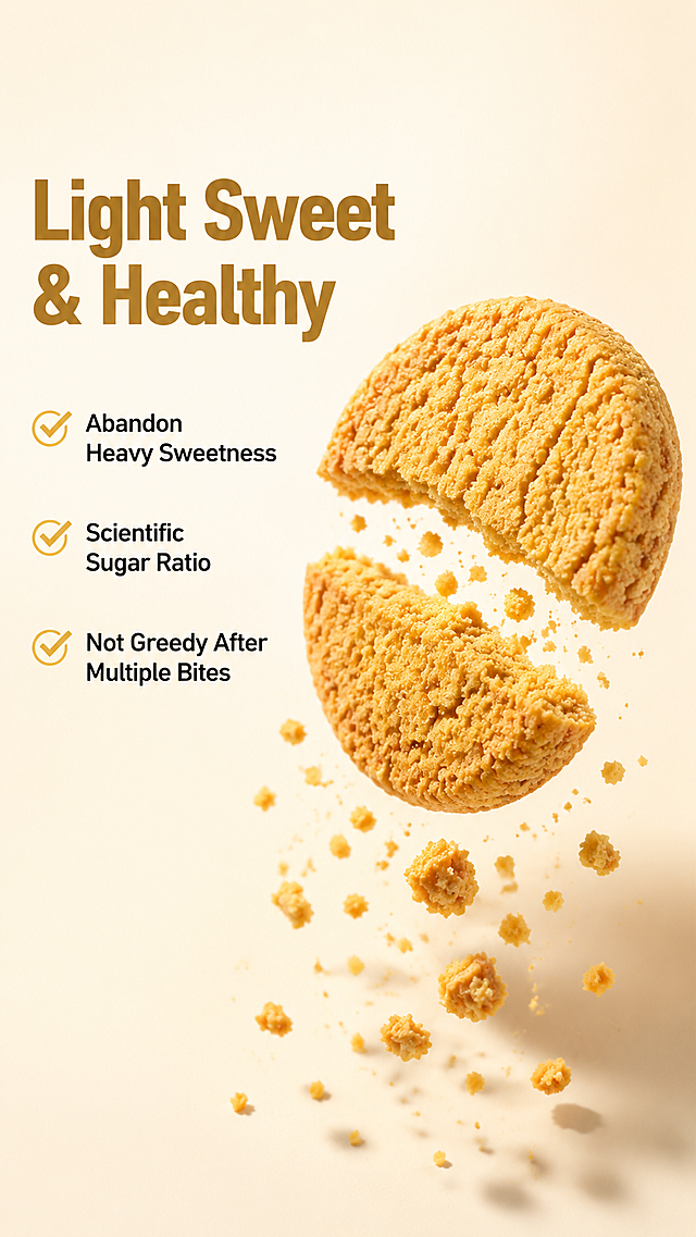[第4屏] Light Sweet & Healthy Taste, highlight non-greasy advantage. Warm natural appetizing style. Center place broken coconut cookie with crumbs falling down, dynamic moment, keep the cookie's golden color and crumb texture same as image 2. Background is soft light cream color, left side for text, right side for the cookie. Side lighting to highlight the crispy crumbs falling, enhance the sense of hierarchy. Base color #FFF9E8, main #F2C94C, auxiliary #D4A574 + #333333. Left text right cookie layout. Top left main title "Light Sweet & Healthy", golden brown bold sans-serif. Below three key points: "Abandon Heavy Sweetness", "Scientific Sugar Ratio", "Not Greedy After Multiple Bites", black sans-serif, match small check icons. Font style same as first screen, text no cover product. 9:16, 4K. Negative: deformation, blurry, wrong color, messy background, Chinese characters, watermark.