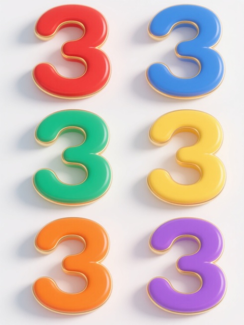 一组六个相同3D立体数字“3”的系列素材集合，每个数字保持一致的光滑曲面、清晰边缘转折和精致金色描边高光质感，分别采用纯红色、纯蓝色、纯绿色、纯黄色、纯紫色、纯橙色的纯色填充，背景为纯白色，所有数字等大、规整排列成两行三列的网格布局，整体呈现出统一的现代简约设计风格和鲜明的色彩对比。预览效果