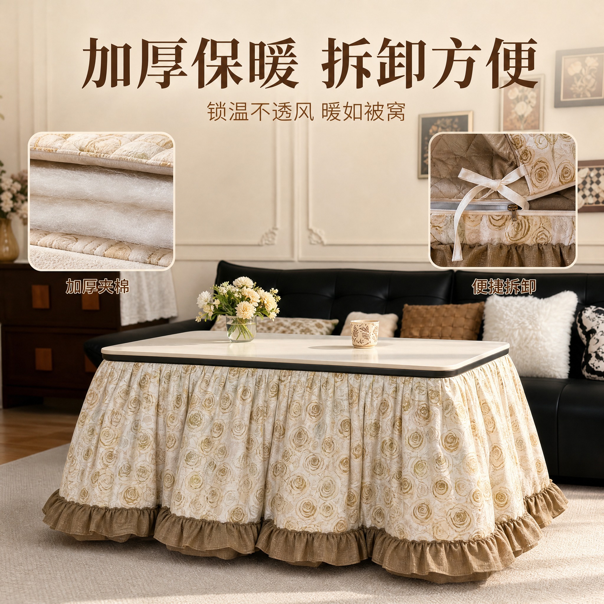 [主图-2] 长方形电暖桌烤火罩加厚保暖与拆卸方便卖点展示，突… - 图片创意预览