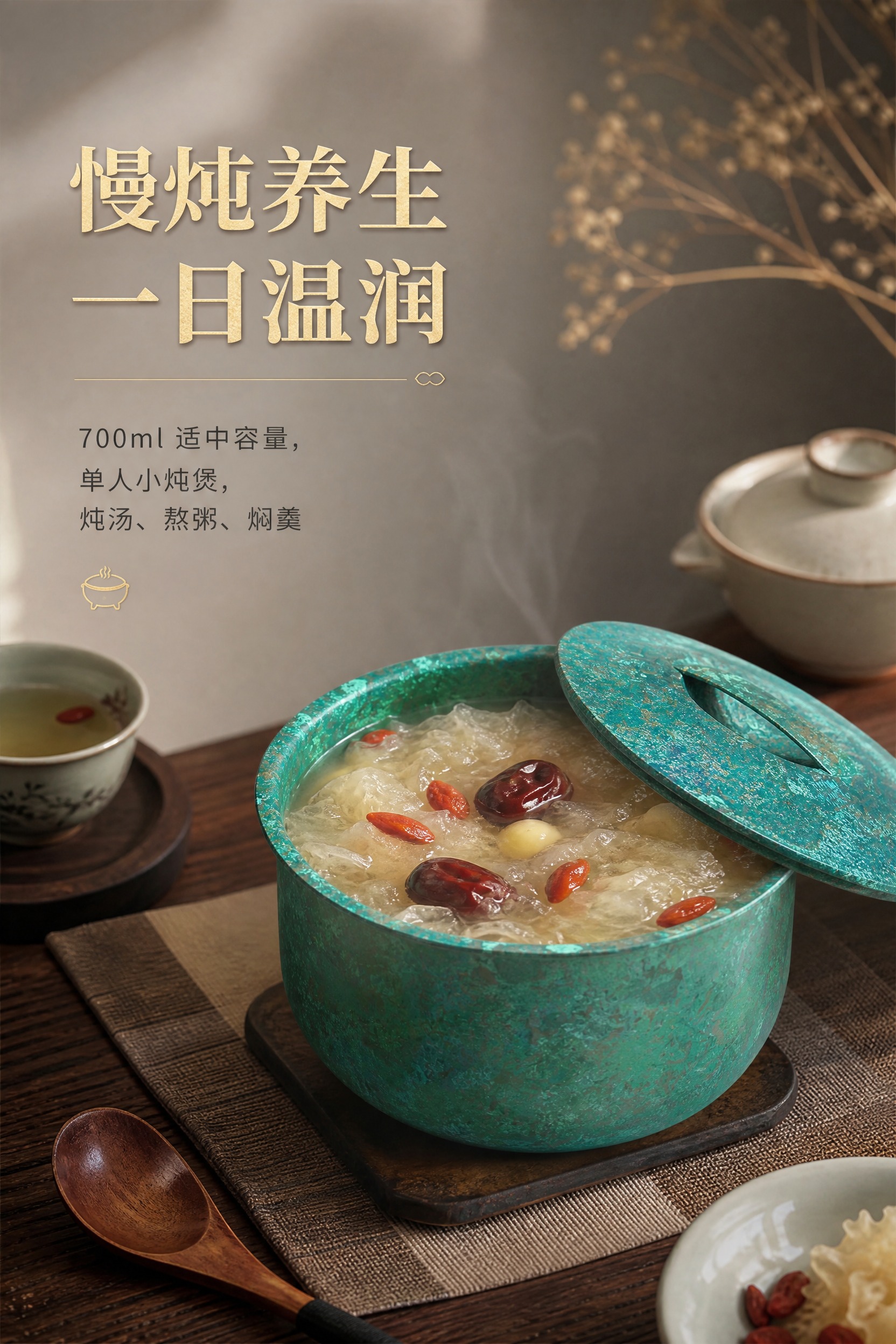 [商品] 使用【图1】墨绿款纯钛冰花汤煲，锅内盛放养生银耳羹（… - 图片创意预览