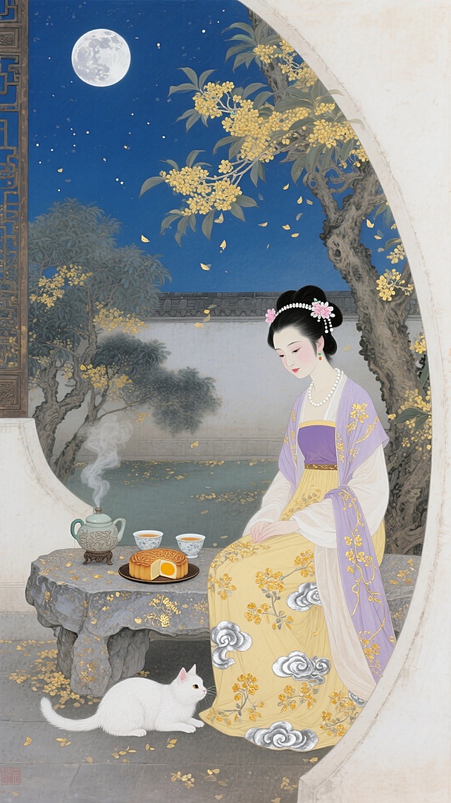 工笔风融合重拟物与水墨意境，古典中式庭院中，女子月下品茗赏桂，静谧优雅，白猫相伴，尽显中秋唯美感与文艺气息。
