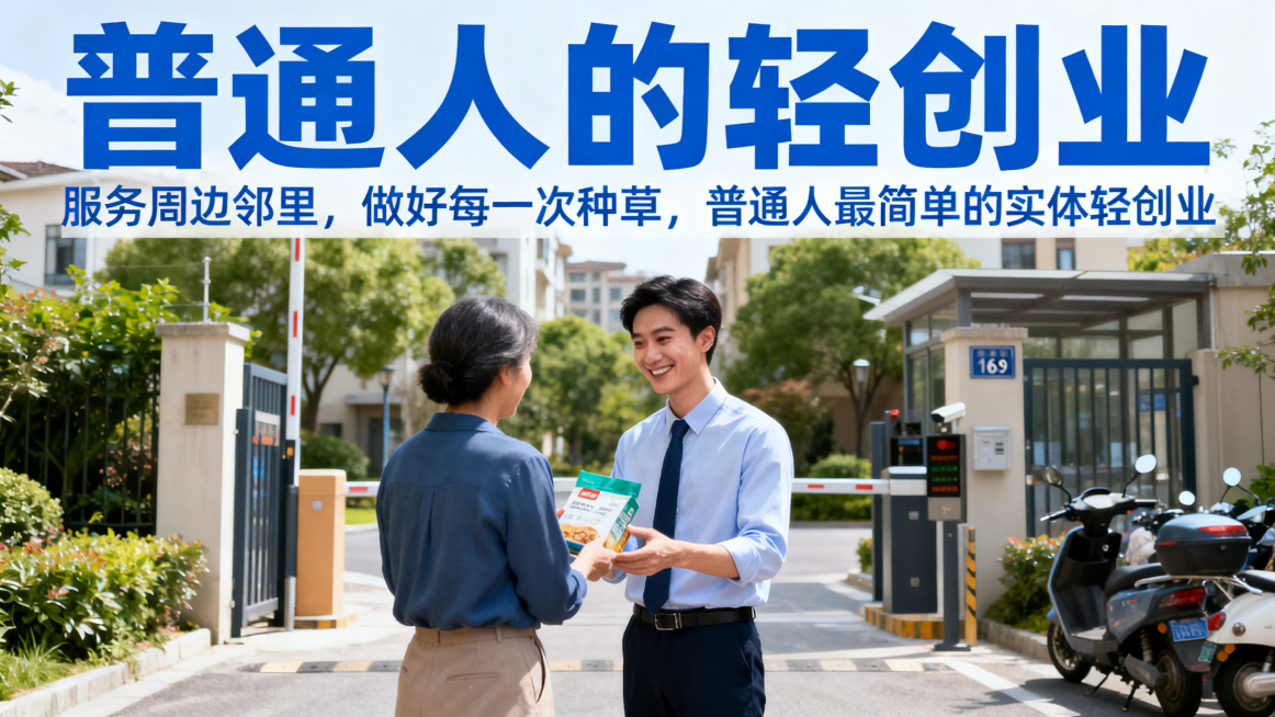 轻创业宣传海报，主标题“普通人的轻创业”，副标题“服务周边邻里，做好每一次种草，普通人最简单的实体轻创业”，主副标题分明。画面展示普通上班族微笑和邻居分享商品，背景是小区门口，简洁蓝色现代商业风格，1预览效果