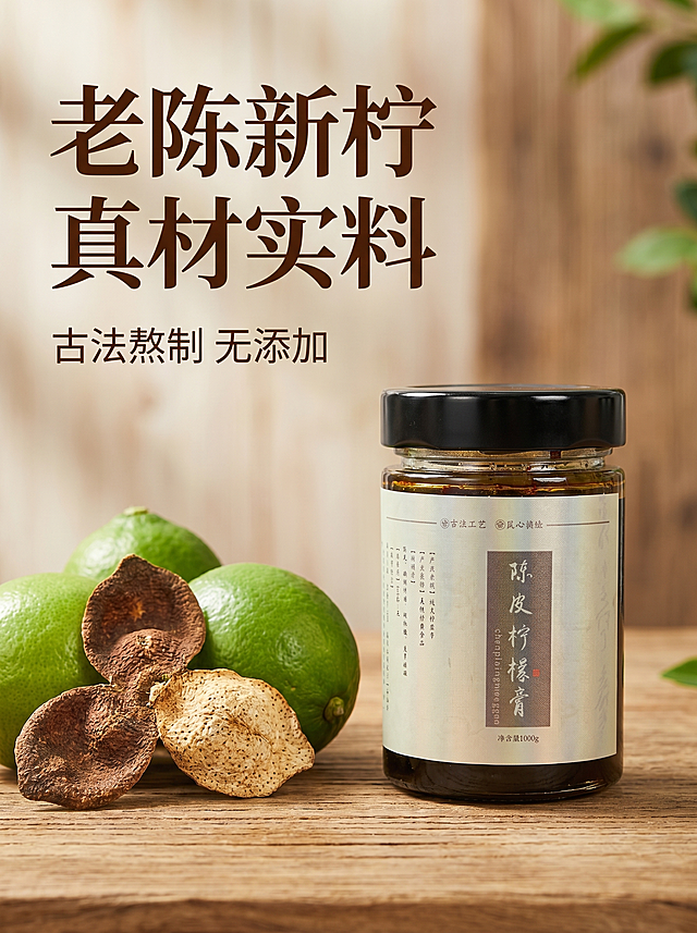 [主图 2] 陈皮柠檬膏原料溯源核心亮点展示。氛围风格：自然原生态清新风格。画质：商业摄影质感、光线柔和通透、产品清晰真实、画面干净高级，2K分辨率文字清晰可辨。元素：保持陈皮柠檬膏玻璃罐产品外观与输入产品图绝对一致，杜绝任何变形和色差。玻璃罐放置在画面右侧，左侧展示核心原料：三年老陈皮块和新鲜青柠檬，排列整齐突出原料真材实料。保持整体画面自然不杂乱，商品主体突出。光影：自然柔光为主，通透柔和，突出原料新鲜质感，背景略有虚化突出主体。配色：主色调为柠绿、陈皮棕，搭配原木色背景，对比和谐清新。视角构图：平视，左原料右产品经典构图，景深适中。文字版式：左上区域大字文案“老陈新柠 真材实料”，深棕色字体，下面小字标注“古法熬制 无添加”，文字在背景留白区域，不遮挡主体，清晰易读。比例分辨率：3:4比例，2K分辨率。负向提示词：变形，水印，文字错乱，产品图模糊，背景杂乱，色差，过度曝光。