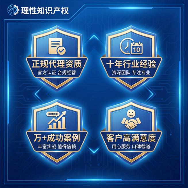 [主图3]理性知识产权信任背书主图，深蓝科技质感背景，左上角放置理性知识产权LOGO，中心采用2×2认证徽章矩阵展示，分别为正规代理资质、十年行业经验、万+成功案例、客户高满意度，每个徽章配简短说明文预览效果