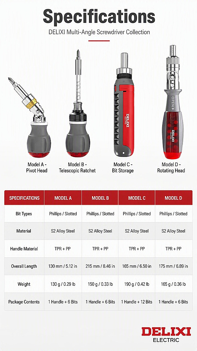 [第4张] 亚马逊跨境电商详情页规格参数收口 - DELIXI Multi-Angle Screwdriver Set 四款产品规格对照表。本张使用【图1】作为四款产品的外观参考。
[氛围/风格] 极简专业参数页风格，清晰规整，跨境电商信息表版式，干净易读。
[元素布局] 画面顶部为标题区，中部为四款产品的小型正视图横向排列（每款下方对应规格列），底部为规格参数表格；背景为纯白色渐变至浅灰，简洁干净。
[光影质感] 均匀柔光，产品小图清晰无阴影，表格线条锐利，整体明亮清爽。
[配色色系] 全局底色 #FFFFFF 白色渐变至 #F5F5F5 浅灰；主色深灰 #333333；辅助色品牌红 #D32F2F 用于表头和重点数据。
[视角构图] 正面平视，从上到下：标题 → 四款产品小图 → 参数对照表，信息垂直流动。
[文字版式] 全英文文案，无任何中文字符。顶部主标题 "Specifications"，深灰色加粗大字居中；副标题 "DELIXI Multi-Angle Screwdriver Collection"，浅灰色小字居中。四款产品小图横向排列，每款下方标注型号名："Model A - Pivot Head"、"Model B - Telescopic Ratchet"、"Model C - Bit Storage"、"Model D - Rotating Head"。下方表格四列对应四款，行包括：Bit Types（Phillips / Slotted）、Material（S2 Alloy Steel）、Handle Material（TPR + PP）、Overall Length（各款不同尺寸）、Weight（各款不同重量）、Package Contents（数量）。表头使用红色底白字，表格行交替浅灰和白色底，文字为深灰色无衬线字体，清晰可读。右下角放置 DELIXI ELECTRIC logo。
[比例分辨率] 9:16 竖版比例，4K分辨率，文字清晰锐利，高清画质。
[负向提示词] 产品变形，结构错误，中文字符，水印，文字错乱，文字过小，表格变形，颜色偏差，背景杂乱。
