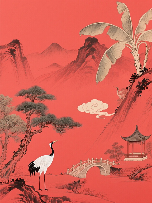 蕉红色纯色背景，绛红色中国传统水墨风格山水画，包含远山、青松、仙鹤、祥云、小桥、亭台等国风元素，线条流畅简洁，水墨晕染效果自然，画面空灵雅致，富有东方意境