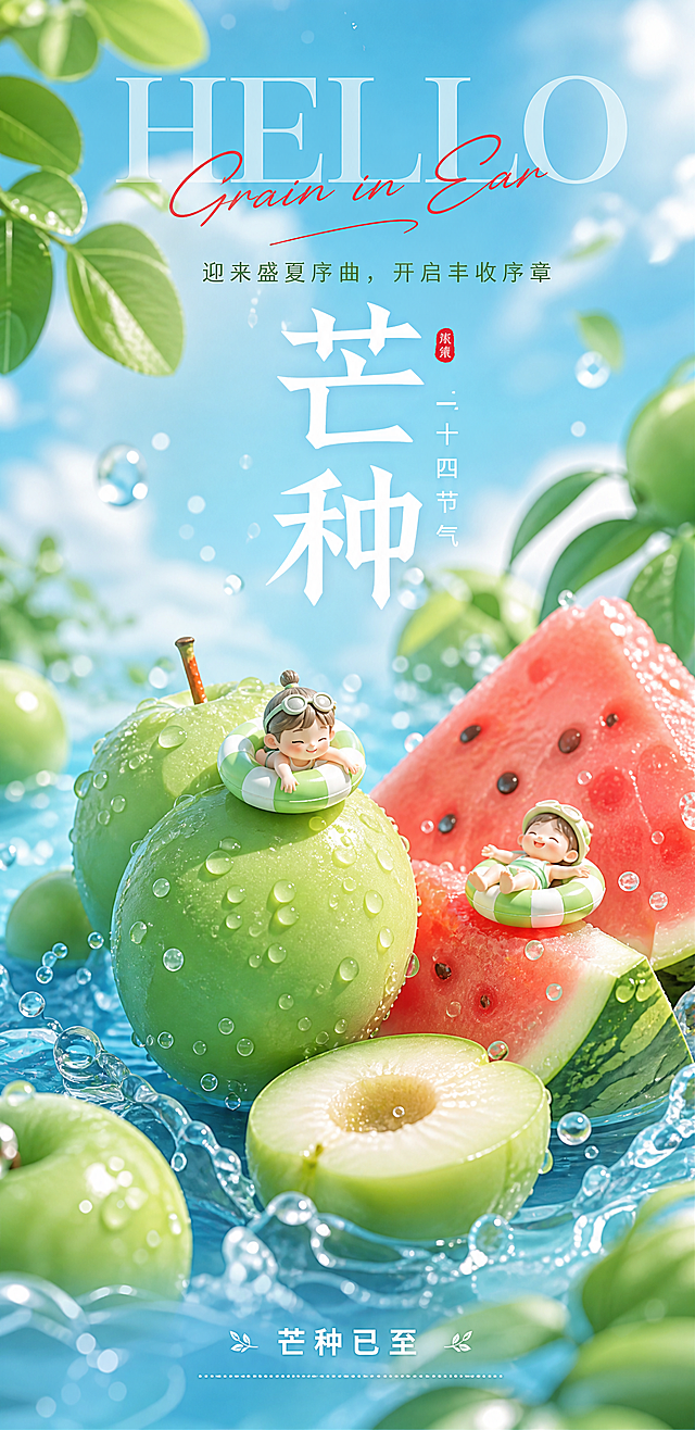 清爽夏日芒种主题海报，画面主体是新鲜饱满的青梅和西瓜，表面带着水珠，搭配清透的蓝色水波，一个迷你小人戴着泳圈趴在水果上，整体充满夏日清爽感；顶部大字"HELLO"和红色花体"Grain in Ear"，文案"迎来盛夏序曲，开启丰收序章"，中间白色大字"芒种"搭配小字"二十四节气"，底部文字"芒种已至"；3D质感，清新马卡龙配色，低饱和青绿色调，活泼治愈风格