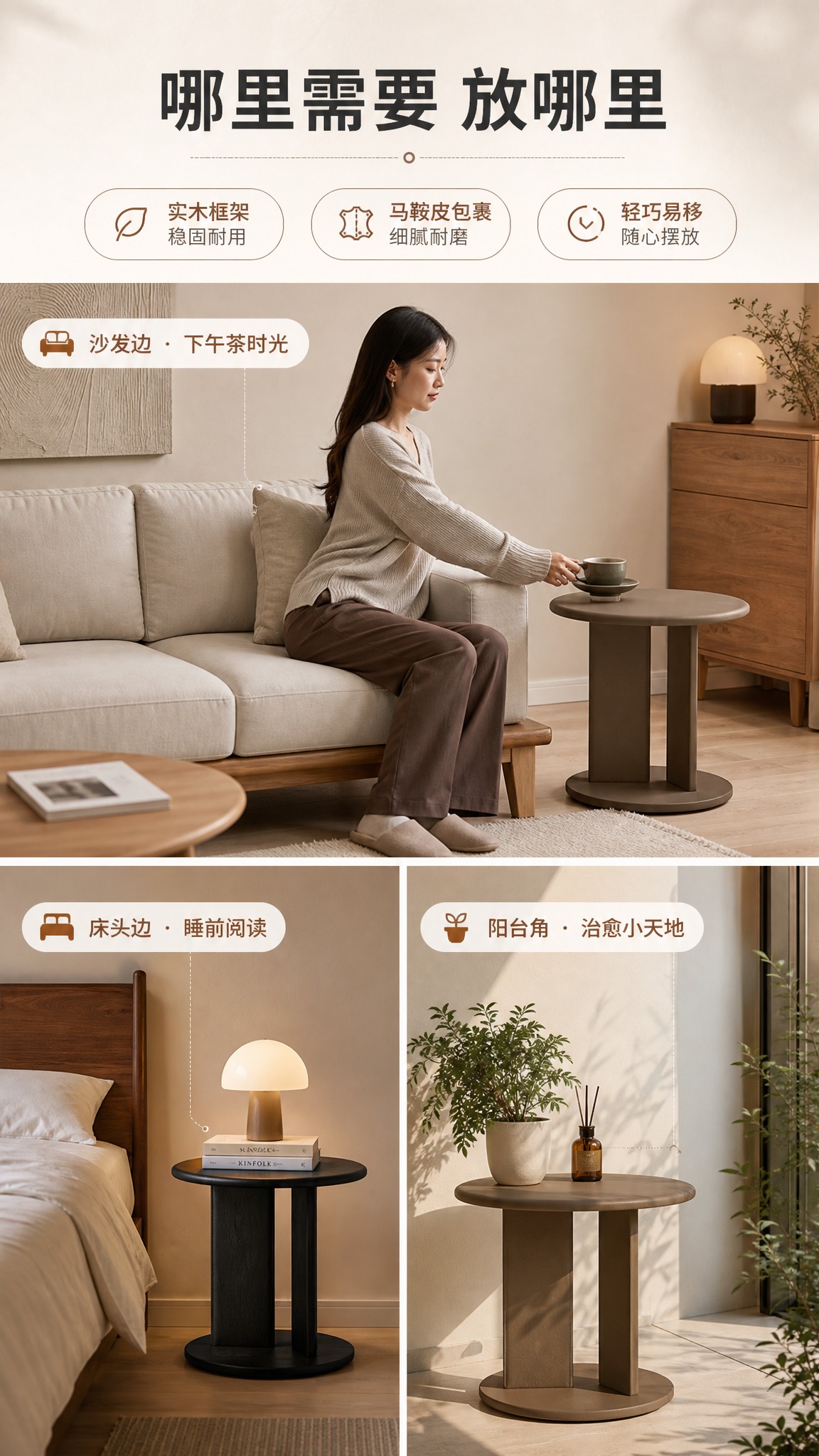 [商品] 使用【图1】圆形马鞍皮实木边几，保留圆形桌面、单柱支… - 图片创意预览