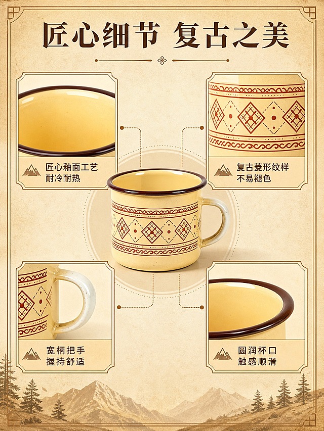 [商品] 使用【图1】山野复古杯产品图；保留杯子整体结构、米黄色搪瓷釉面、棕褐色杯口包边、白色宽柄把手、红色菱形复古纹样图案、颜色和材质质感；增强釉面光泽与纹样清晰度，不改变杯子形状和比例。
[画面] 页面目标为卖点结构解析，四宫格细节+中心产品展示；中心为杯子全貌，四周分布4个细节放大格：左上釉面质感、右上复古纹样、左下宽柄把手、右下杯口包边；每格配短卖点说明；背景为暖米色浅底，带细腻纸张纹理；阅读动线从中心向四周扩散。
[视觉] 套系策略：风格=复古暖调商业摄影，质朴山野氛围感；标题字=复古宋体粗体；正文字=简洁黑体；主色=米黄暖杏色；背景延展=基于米黄暖杏做深浅层级渐变、复古纸张/麻布质感；强调色=棕褐色，仅用于小面积图标、引线、装饰边框；标题色=深棕褐色；正文色=暖棕色；组件=复古几何边框、细线引线、圆角信息卡；光影=左前侧暖柔光，柔和自然阴影。
[文字] 顶部主标题"匠心细节 复古之美"；四格分别标注"匠心釉面工艺 耐冷耐热"、"复古菱形纹样 不易褪色"、"宽柄把手 握持舒适"、"圆润杯口 触感顺滑"；文字全部横向排版，不遮挡杯子主体关键部位。
[规格] 图片宽度750px竖版，4K，避免变形、错字、文字过小、冷蓝/冷灰背景、杯子颜色改变、纹样失真、竖排文字。