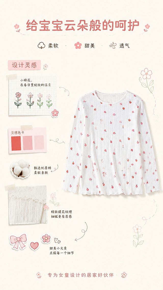 [第2屏] 设计理念页-女童碎花家居服设计灵感展示。本屏使用【图1】作为商品主体。
[氛围/风格] 清新甜美设计感，手账拼贴风格，柔和温暖，儿童服装品牌调性。
[元素布局] 画面右侧展示家居服上衣正面全貌，占比约40%；左侧为设计灵感拼贴区：包含手绘小花草稿、粉色色卡、棉花球、蕾丝面料小样、可爱贴纸元素；中间用细线和小箭头连接；产品结构、碎花图案、颜色与输入图一致。
[光影质感] 均匀柔和顶光，轻微自然阴影，整体明亮干净，面料纹理清晰。
[配色色系] 全局底色 #FFF9F2（奶白色）；主色白色+红色碎花；辅助色粉色、米杏色、浅绿。
[视角构图] 正面平视，左右分栏构图，阅读动线从左灵感区 → 右产品区。
[文字版式] 版式为左文右图。顶部主标题「给宝宝云朵般的呵护」，字体圆润可爱；下方三个风格关键词「柔软 · 甜美 · 透气」，每个配小图标；底部小字说明「专为女童设计的居家好伙伴」；右侧产品旁有小花装饰线条；所有文字清晰可读。
[比例分辨率] 9:16 竖版比例，4K分辨率，文字清晰可辨，高清画质。
[负向提示词] 产品变形，碎花图案错误，颜色偏差，水印，文字错乱，文字过小，背景杂乱。