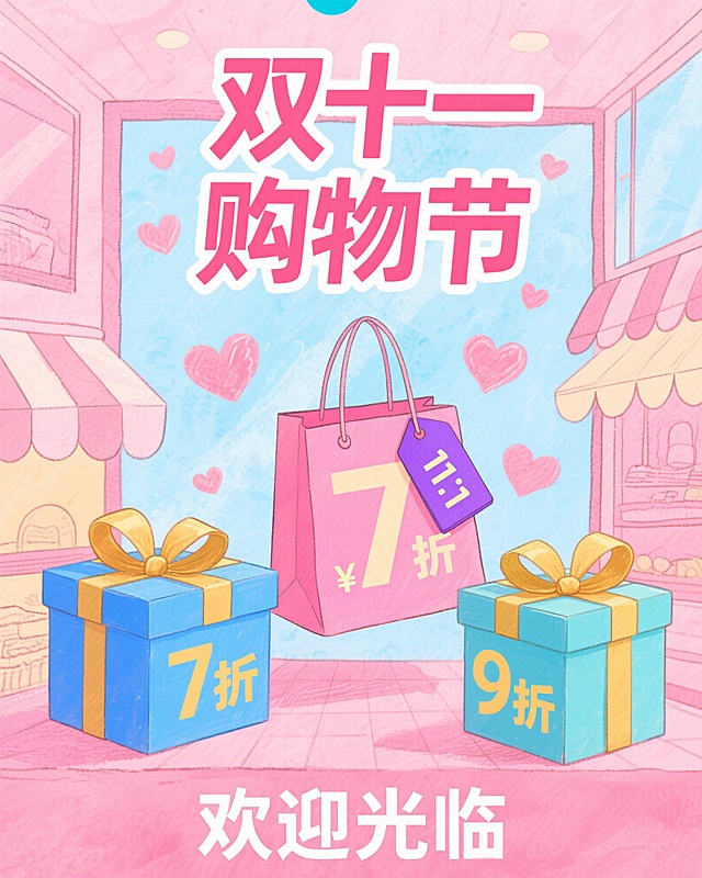 节日促销手绘海报，柔和粉蓝水彩背景散布小心心图案，中心位置粉色购物袋悬挂紫色价签带"11.11"标识，左侧"7折"蓝礼盒与右侧"8折""9折"礼盒呈对称布局，所有礼品包装配金丝带装饰，顶部醒目大字"双十一购物节"，底部"欢迎光临"文案，明亮色调展现欢乐购物场景