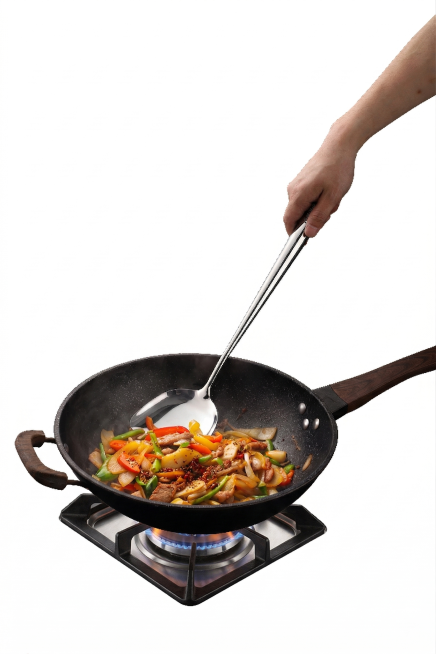 不改变图片整体形状和所有物品尺寸，更换炒锅里的食材为颜色更鲜艳、更有食欲的彩椒炒肉，在炒锅下方添加一个大小合适的燃气灶台，保持画面光影自然协调，整体清晰预览效果