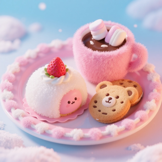 冬日限定的甜品摆盘，草莓大福的外皮是软糯的白色糯米糍质感，包裹着粉色的草莓和奶油，旁边的热可可上漂浮着毛绒的棉花糖，饼干是毛绒的小熊造型，盘子边缘装饰着毛绒的糖霜花边，整体画面色彩甜美，绒感与食物的软预览效果