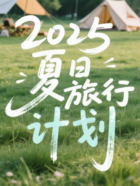 文字内容为“2025 夏日旅行计划”，手写涂鸦艺术字，背景为草地露营实景图，小清新风格，简约，高级感预览效果