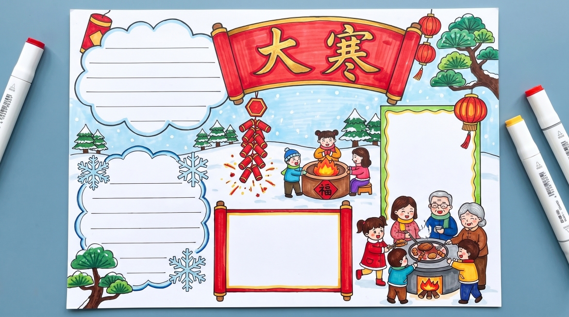 大寒手抄报，A4横版，马克笔手绘风格，整体色调清新。画面绘制雪地里的新年鞭炮和围炉取暖，右下角插图左上角文字区域，顶部标题“大寒”，马克笔笔触喜庆，配色以红色白色为主，岁末大寒迎新年氛围，排版整洁，预预览效果