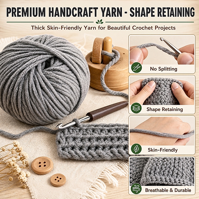 [主图-4] 主题：High-Quality Shape-Retaining Yarn Material 高品质手工纱线材质证明。唯一任务：证明纱线厚实、亲肤、防劈叉、不变形、保形性好，突出手工编织的优质材料。
[统一基调] 跨境亚马逊风格，温暖治愈的手工编织场景，原木色桌面+米白色棉麻桌布背景，英文无衬线粗体标题字色为深炭灰，辅助说明字色为暖棕色，强调色用森林绿点缀图标和分隔线，卡片用米白色底+浅棕细边。
[画面] 画面为手工材料特写场景：原木色桌面铺米白色亚麻布，左侧是一大团灰色毛线的微距特写，毛线团旁边放着一个木质线轴架和一支钩针，钩针上挂着一小段刚钩好的织片，清晰展示针脚纹理。右侧排列4个方形证据小格，每个小格都有真实手工场景背景：第1格展示钩针拉线时纱线不劈叉的特写，标注"No Splitting"；第2格展示手捏折叠后的织片迅速回弹，标注"Shape Retaining"；第3格展示毛线轻贴在手背上的柔和画面，标注"Skin-Friendly"；第4格展示成品帽子的编织纹理透气特写，标注"Breathable & Durable"。桌面散落几个木质纽扣和干花作为装饰。产品主体占画面约60%。
[光影质感] 柔和侧逆光突出毛线纤维的蓬松感和绒面光泽，微距细节清晰锐利，木质桌面有温暖质感，整体自然真实。
[配色] 背景原木色+米白亚麻，纱线保持原图真实颜色，文字深灰+暖棕，强调色森林绿。
[文字版式] 顶部大标题："PREMIUM HANDCRAFT YARN - SHAPE RETAINING"；副标题："Thick Skin-Friendly Yarn for Beautiful Crochet Projects"；每个证据小格下方配对应英文标签。
[输出要求] 1:1正方形，2048x2048，2K分辨率，文字清晰，材质细节清楚。负向：变形、错字、模糊、杂乱、水印、平台Logo、中文、悬浮、穿模。
