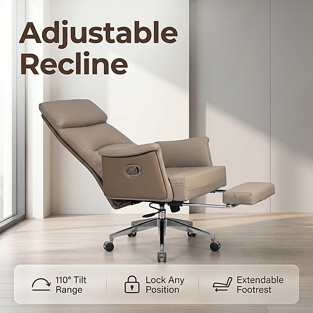 [Main Function 1 - Adjustable Recline] Reclining office chair with extendable footrest. Replace the background with a minimalist modern office environment, keep the product appearance (physical structure, material texture, color khaki leather) completely consistent with the input image, no deformation or color difference. Commercial photography texture, soft and transparent light, clear and real product, clean and advanced picture. Product主体占比 70%, full screen without border. The main title is "Adjustable Recline", placed in the upper left negative space, left-aligned with safety margins, large bold sans-serif font, dark brown with strong contrast to the light background. Three small function labels: "110° Tilt Range", "Lock Any Position", "Extendable Footrest", arranged at the bottom with a light translucent gradient mask, left-aligned, white text, icon markers in front of each label. Light warm office natural light, main light from the side window, soft reflection on the wall to fill light, clear layers, high light does not overflow, dark part has hierarchy. Main color khaki leather, auxiliary color chrome silver, background light gray off-white. 45° side view, product as the visual center, front, middle and background layered, medium depth of field. All text is English, no Chinese characters. 1:1 ratio, 2K resolution, super HD, text clear and sharp. Negative prompt: deformation, watermark, text confusion, blurred product image, messy background.
